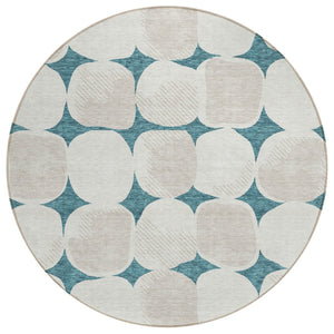 HomeRoots 5' Abstract Teal Blue and Beige Washable Area Rug – Stylish, Durable Indoor/Outdoor Decor Option 8' Round 591071