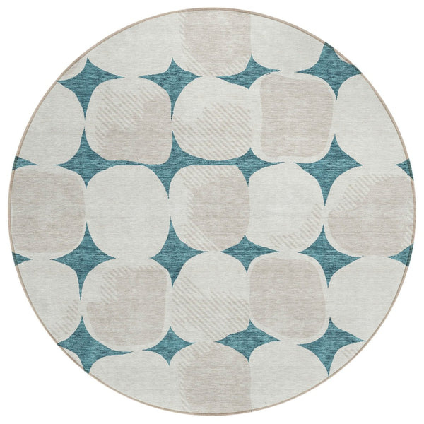 HomeRoots 5' Abstract Teal Blue and Beige Washable Area Rug – Stylish, Durable Indoor/Outdoor Decor Option 8' Round 591071