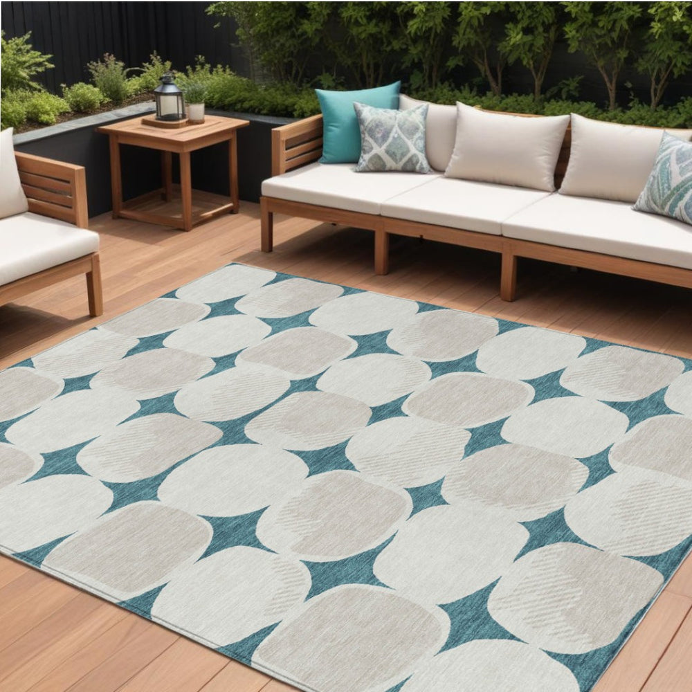 HomeRoots 5' Abstract Teal Blue and Beige Washable Area Rug – Stylish, Durable Indoor/Outdoor Decor Option 10' X 14' 591074