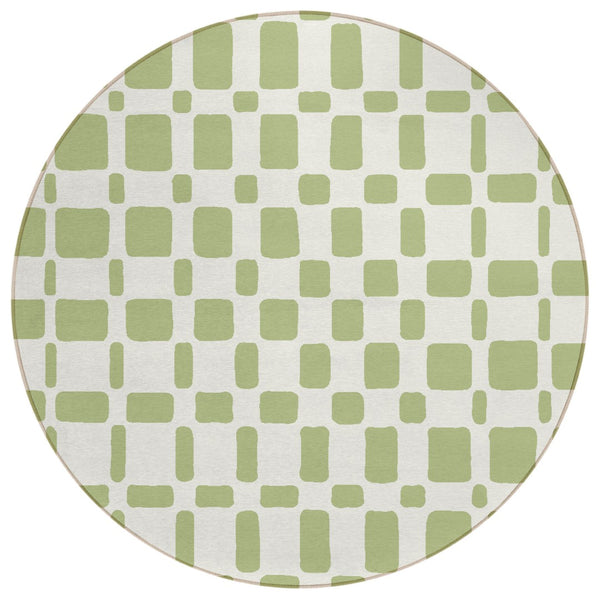 HomeRoots 5' Geometric Artichoke Green and Ivory Washable Rug for Indoor Outdoor Spaces - Modern Durability 8' Round 591083