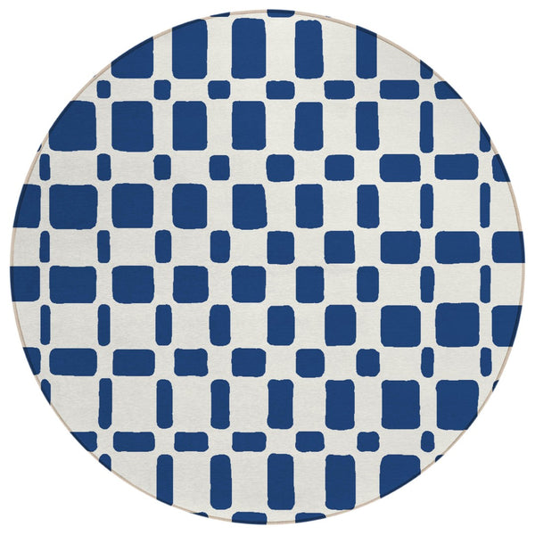 HomeRoots 5' Navy Blue and Ivory Geometric Washable Area Rug - Durable Indoor Outdoor Design for Style & Comfort 8' Round 591125