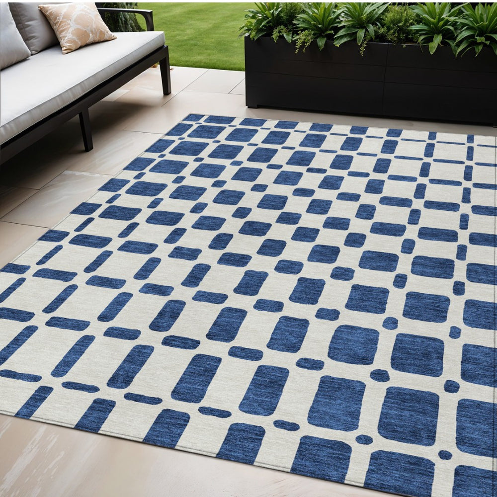 HomeRoots 9' Navy Blue and Ivory Geometric Area Rug - Stylish, Durable, Washable for Indoor and Outdoor Spaces 9' X 12' 591127