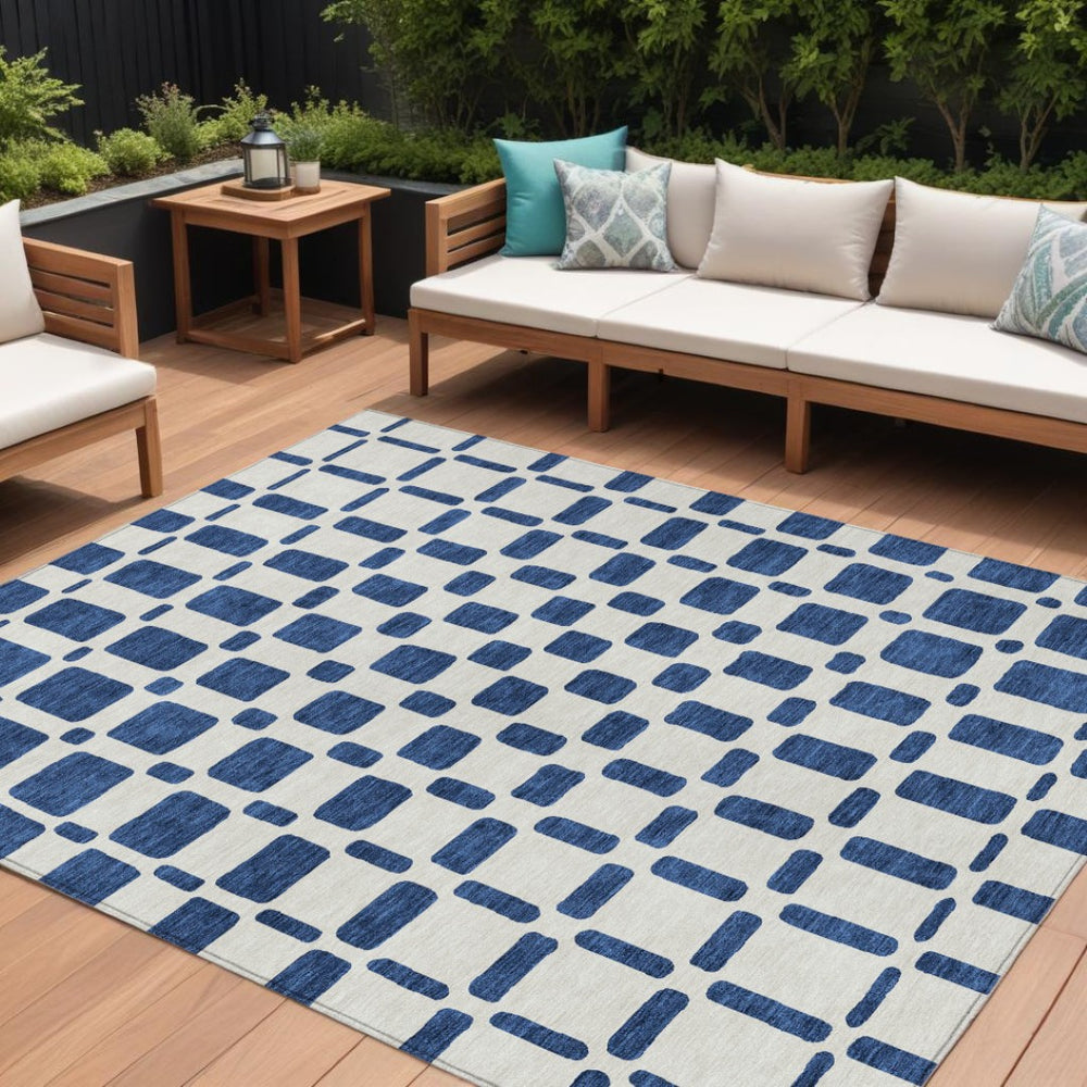 HomeRoots 5' Navy Blue and Ivory Geometric Washable Area Rug - Durable Indoor Outdoor Design for Style & Comfort 10' X 14' 591128