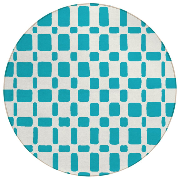 HomeRoots 5' Teal Blue and Ivory Geometric Area Rug – Stylish, Washable Indoor/Outdoor Rug for High Traffic Areas 8' Round 591149