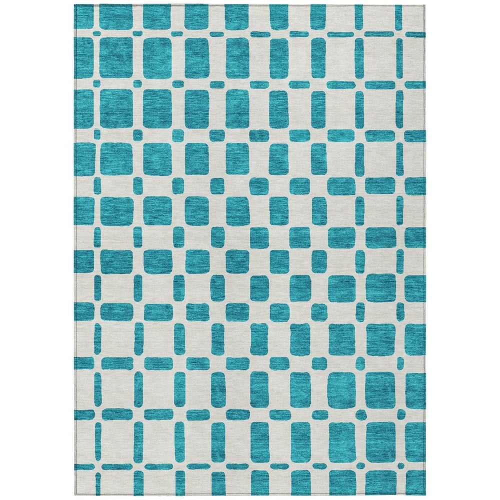 HomeRoots 5' Teal Blue and Ivory Geometric Area Rug – Stylish, Washable Indoor/Outdoor Rug for High Traffic Areas 8' X 10' 591150