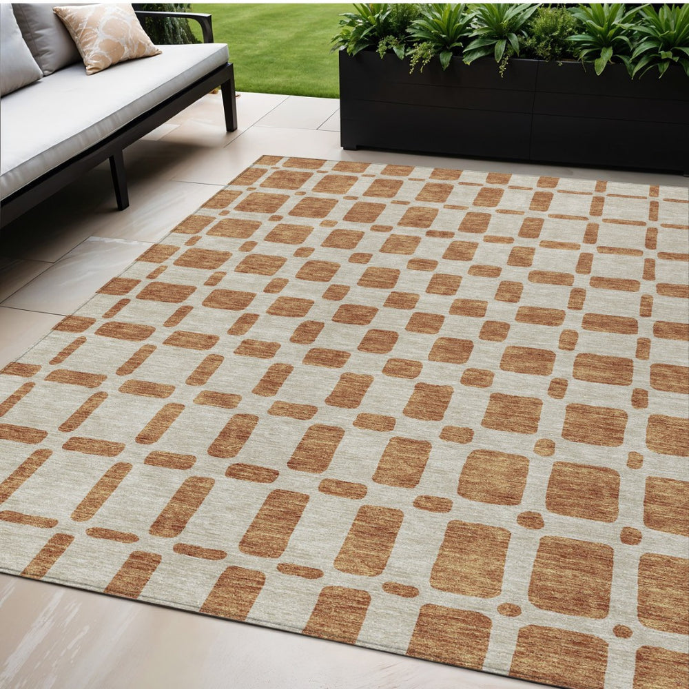 HomeRoots 5' Terra Cotta and Beige Geometric Indoor Outdoor Area Rug – Stylish, Washable, and Durable Design 5' X 8' 591160