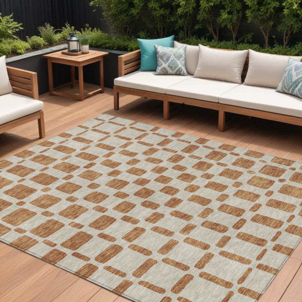 HomeRoots 9' Terra Cotta and Beige Geometric Indoor Outdoor Area Rug – Stylish, Washable & Durable Design 9' X 12' 591163