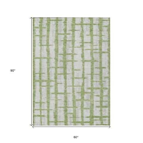 Homeroots 3' Stylish Artichoke Green & Gray Striped Washable Area Rug For Indoor And Outdoor Spaces 5' X 8' Polyester 591196