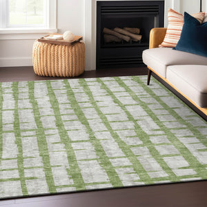 Homeroots 3' Stylish Artichoke Green & Gray Striped Washable Area Rug For Indoor And Outdoor Spaces 10' X 14' Polyester 591200