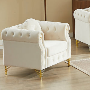 English Elm Velvet Tufted Chesterfield Sofa with Copper Stud Trim and Gold Metal Legs Beige W834P423608