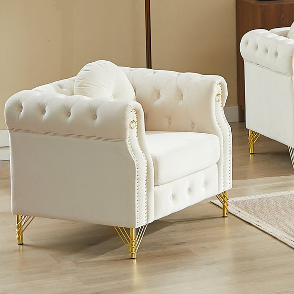 English Elm Velvet Tufted Chesterfield Sofa with Copper Stud Trim and Gold Metal Legs Beige W834P423608
