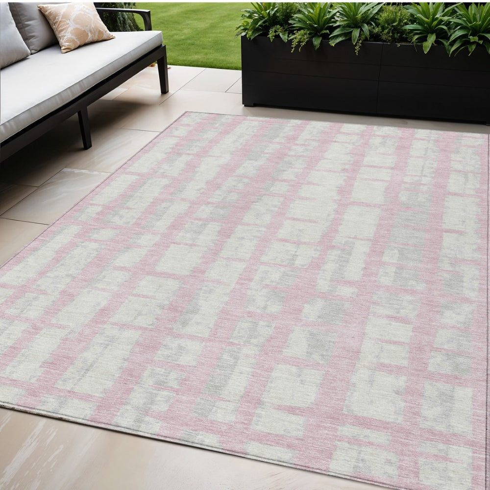 HomeRoots 5' Stylish Pink Gray Ivory Striped Washable Area Rug for Indoor Outdoor Spaces - Easy Care & Durable 5' X 8' 591220