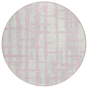 HomeRoots 5' Stylish Pink Gray Ivory Striped Washable Area Rug for Indoor Outdoor Spaces - Easy Care & Durable 8' Round 591221