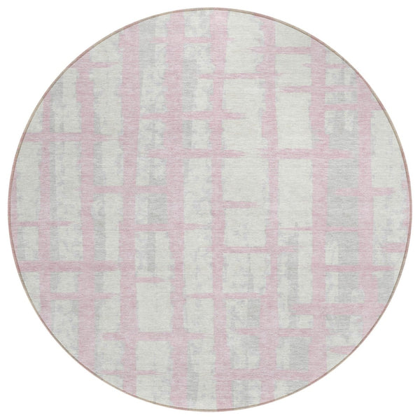 HomeRoots 5' Stylish Pink Gray Ivory Striped Washable Area Rug for Indoor Outdoor Spaces - Easy Care & Durable 8' Round 591221