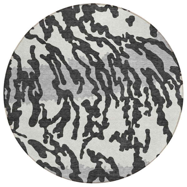 HomeRoots 5' Versatile Animal Print Indoor-Outdoor Area Rug in Black, Gray, and Ivory for Easy Care & Style 8' Round 591257