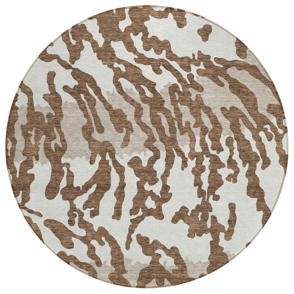 HomeRoots 5' Stylish Chocolate Beige and Ivory Animal Print Washable Area Rug for Indoor and Outdoor Spaces 8' Round 591263
