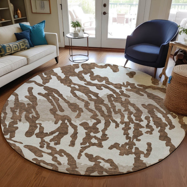 Homeroots 3' Artichoke Green Beige Ivory Animal Print Washable Indoor Outdoor Area Rug For Stylish Spaces 8' Round Polyester 591263