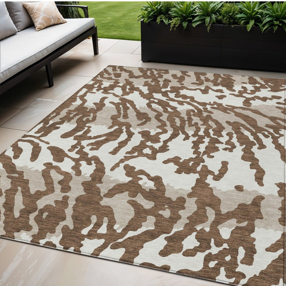 HomeRoots 5' Stylish Chocolate Beige and Ivory Animal Print Washable Area Rug for Indoor and Outdoor Spaces 10' X 14' 591266