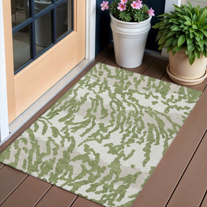 Homeroots 3' Artichoke Green Beige Ivory Animal Print Washable Indoor Outdoor Area Rug For Stylish Spaces 3' X 5' Polyester 591267