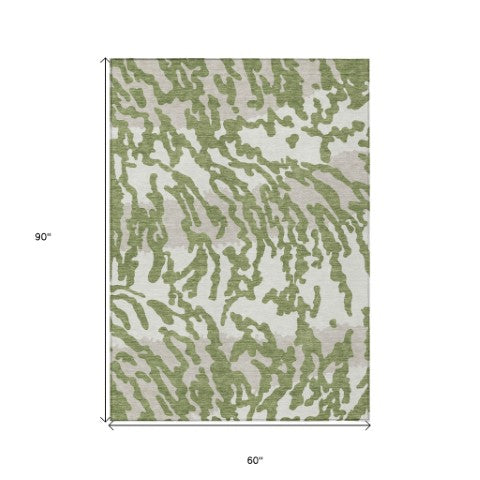 Homeroots 3' Artichoke Green Beige Ivory Animal Print Washable Indoor Outdoor Area Rug For Stylish Spaces 5' X 8' Polyester 591268
