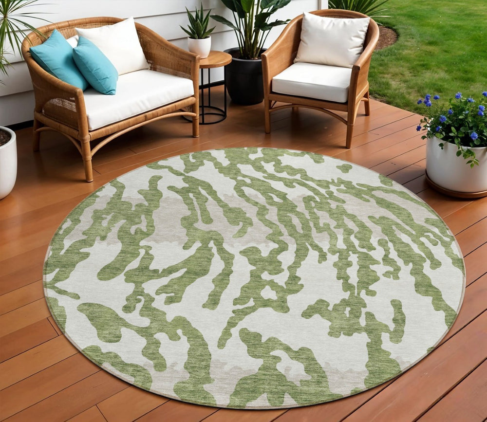 HomeRoots 5' Transform Your Space with Contemporary Green Gray Ivory Animal Print Washable Area Rug 8' Round 591269