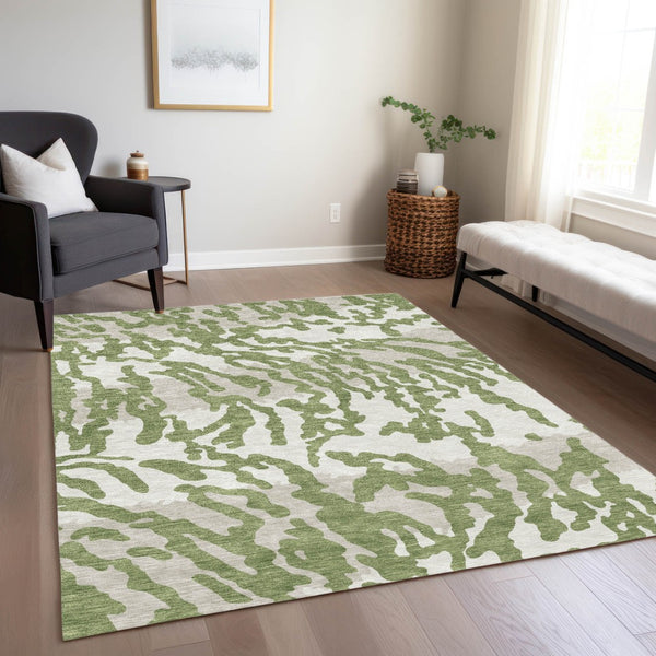 Homeroots 3' Artichoke Green Beige Ivory Animal Print Washable Indoor Outdoor Area Rug For Stylish Spaces 9' X 12' Polyester 591271
