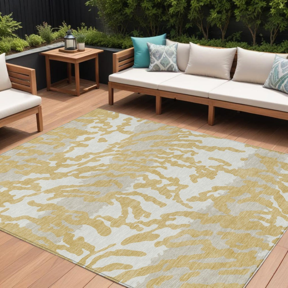 HomeRoots 9' Stylish Gold Gray and Ivory Animal Print Washable Indoor Outdoor Area Rug for Modern Spaces 9' X 12' 591277