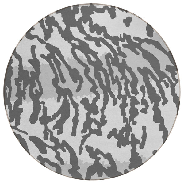 HomeRoots 5' Gray and Ivory Animal Print Washable Area Rug for Indoor and Outdoor Spaces - Durable & Stylish 8' Round 591281