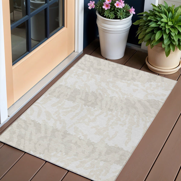 Homeroots 3' Artichoke Green Beige Ivory Animal Print Washable Indoor Outdoor Area Rug For Stylish Spaces 3' X 5' Polyester 591285