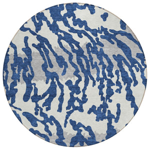 HomeRoots 5' Washable Indoor Outdoor Area Rug with Navy Gray Ivory Animal Print for Stylish Spaces 8' Round 591293