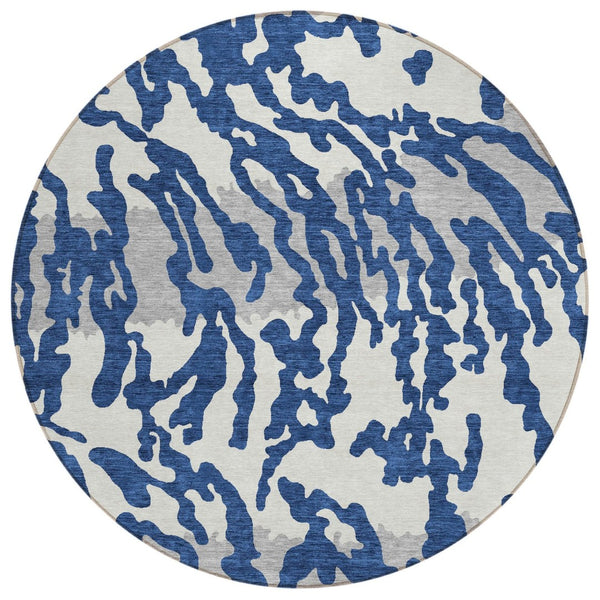 HomeRoots 5' Washable Indoor Outdoor Area Rug with Navy Gray Ivory Animal Print for Stylish Spaces 8' Round 591293