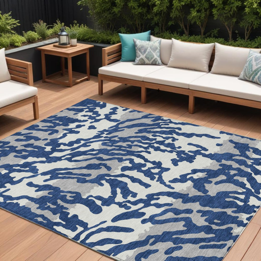 HomeRoots 9' Stylish Navy Gray Ivory Animal Print Washable Area Rug for Indoor and Outdoor High-Traffic Use 9' X 12' 591295