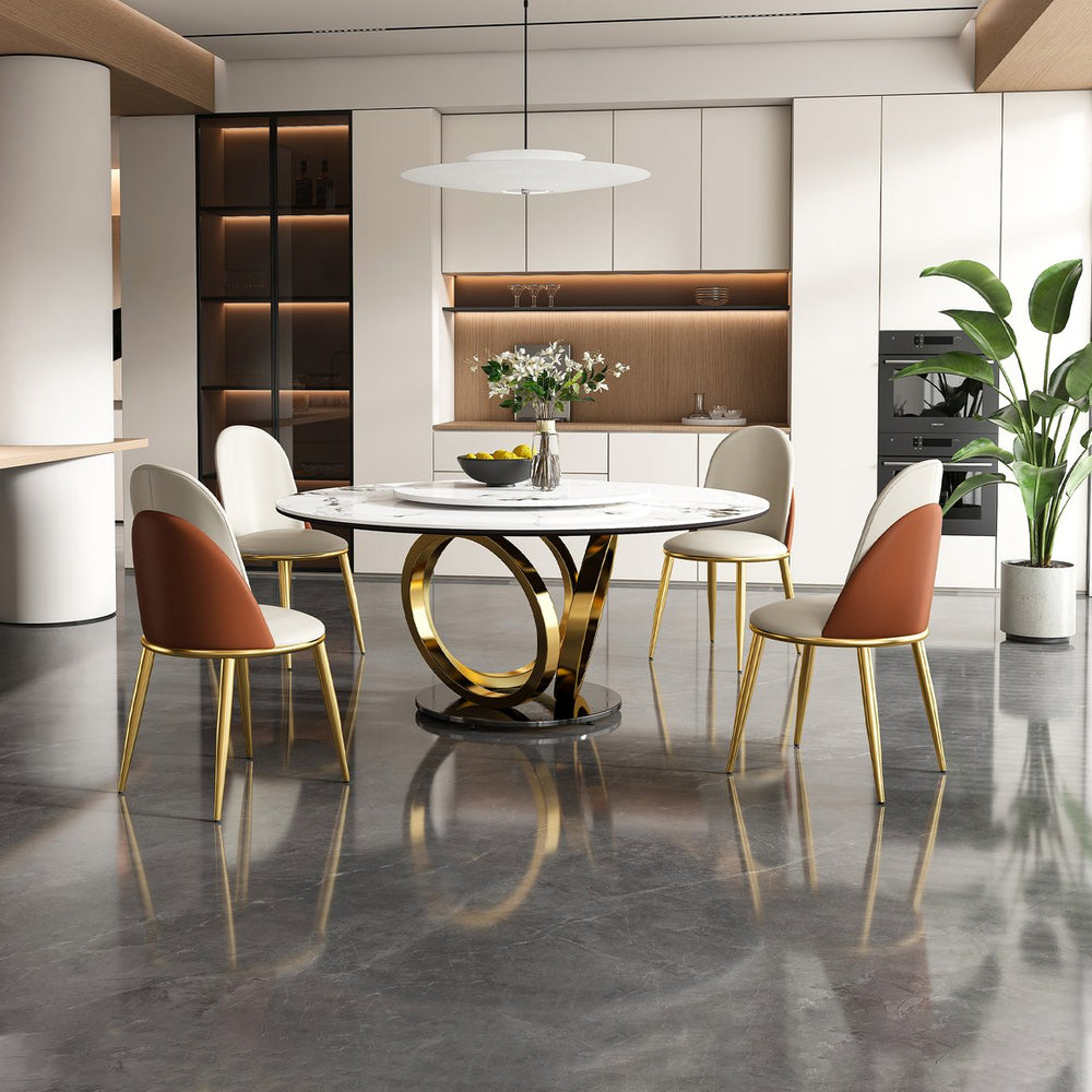 English Elm 59" Round Dining Table With 360° Lazy Susan - Heat & Scratch-Resistant Sintered Stone Top For 4 Chairs W2699S00027