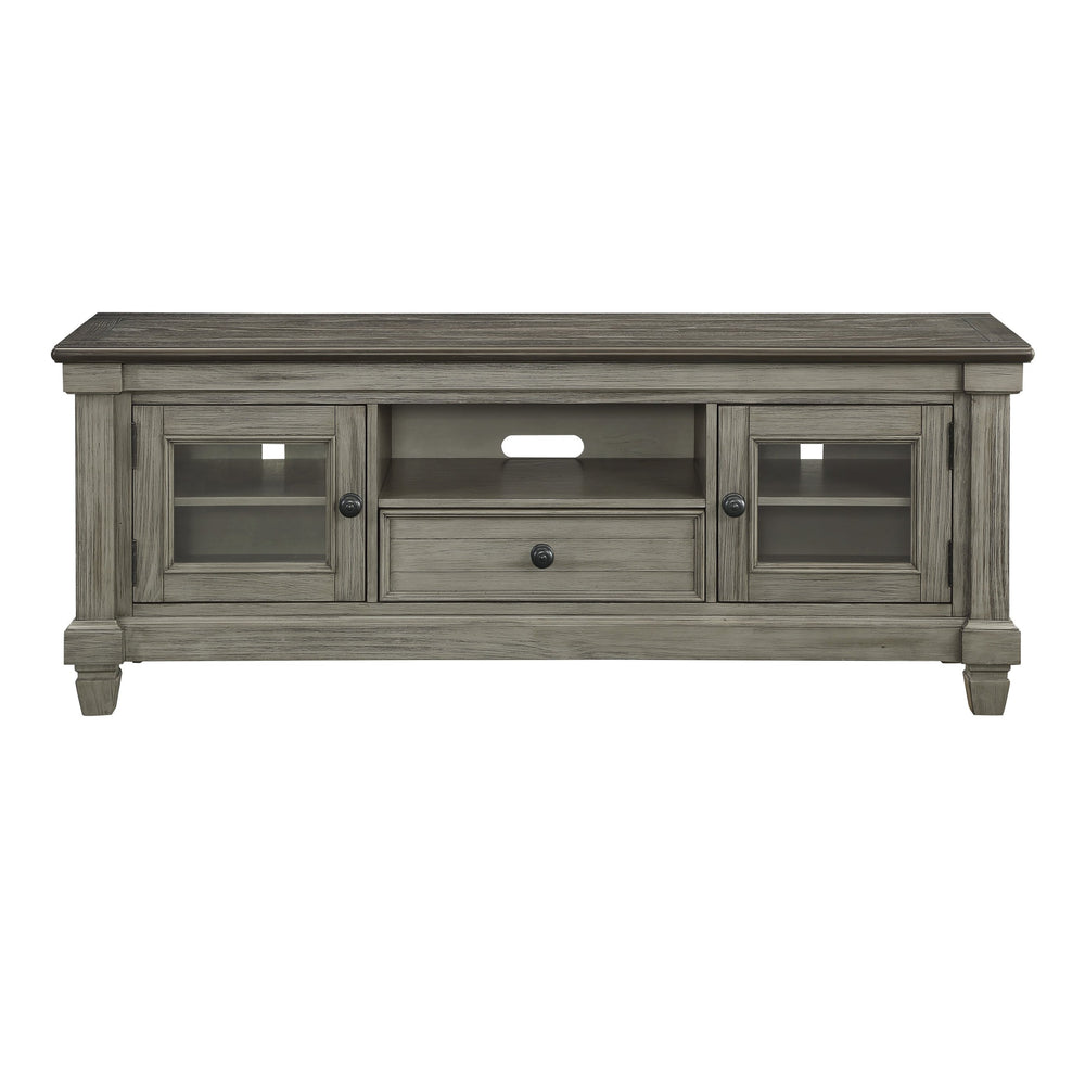 English Elm 1pc TV Stand Granby Collection 64" Two-Tone Wood Media Console with Glass Doors, Drawers & Shelves Antique Gray,Coffee 67 L x 21 W x 24 H B011P289728