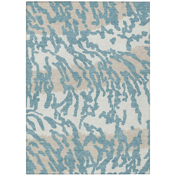 HomeRoots 5' Animal Print Area Rug in Teal Blue, Beige & Ivory – Stylish, Washable, Indoor/Outdoor Design 5' X 8' 591316