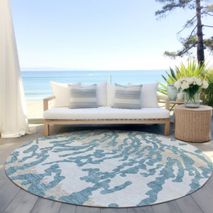 HomeRoots 5' Animal Print Area Rug in Teal Blue, Beige & Ivory – Stylish, Washable, Indoor/Outdoor Design 8' Round 591317