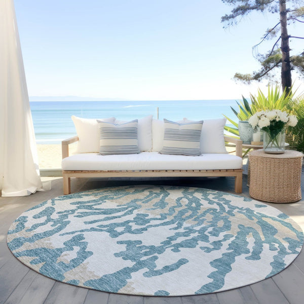 HomeRoots 5' Animal Print Area Rug in Teal Blue, Beige & Ivory – Stylish, Washable, Indoor/Outdoor Design 8' Round 591317