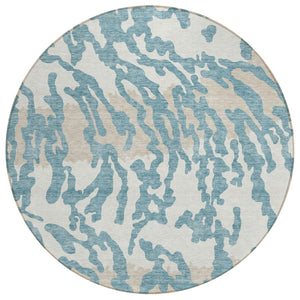 HomeRoots 5' Animal Print Area Rug in Teal Blue, Beige & Ivory – Stylish, Washable, Indoor/Outdoor Design 8' Round 591317