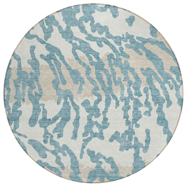 HomeRoots 5' Animal Print Area Rug in Teal Blue, Beige & Ivory – Stylish, Washable, Indoor/Outdoor Design 8' Round 591317