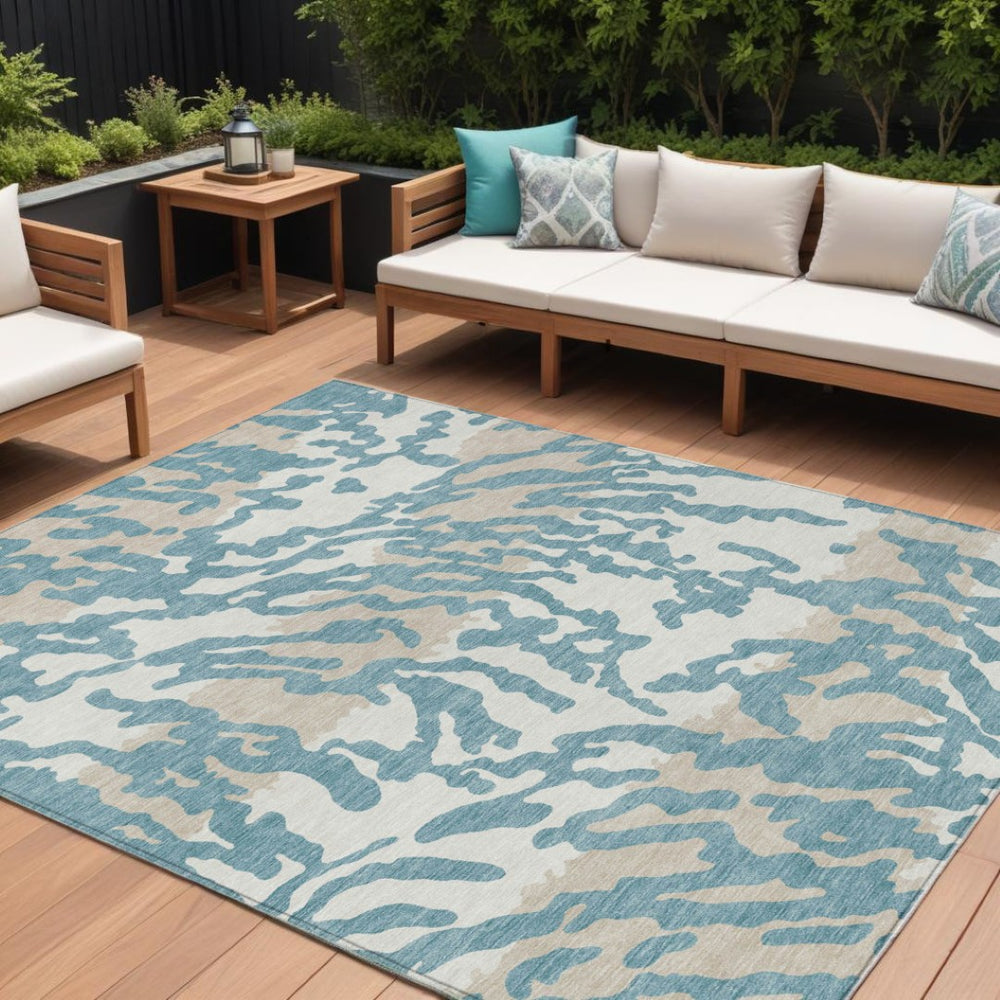 HomeRoots 5' Animal Print Area Rug in Teal Blue, Beige & Ivory – Stylish, Washable, Indoor/Outdoor Design 10' X 14' 591320