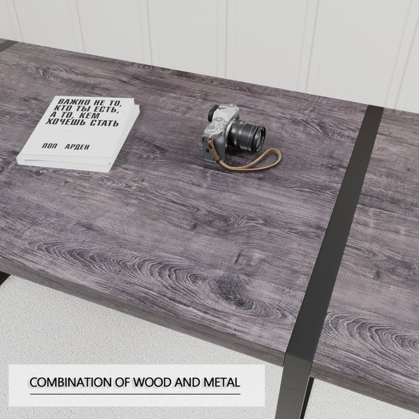English Elm 59 Inch Industrial Farmhouse Dining Set with Mdf Table and Six Upholstered Chairs Black W2189S00926
