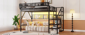 English Elm Queen Metal Loft Bed with Stair Storage Wardrobe Rgb Lighting for Teens Adults W2580S00052