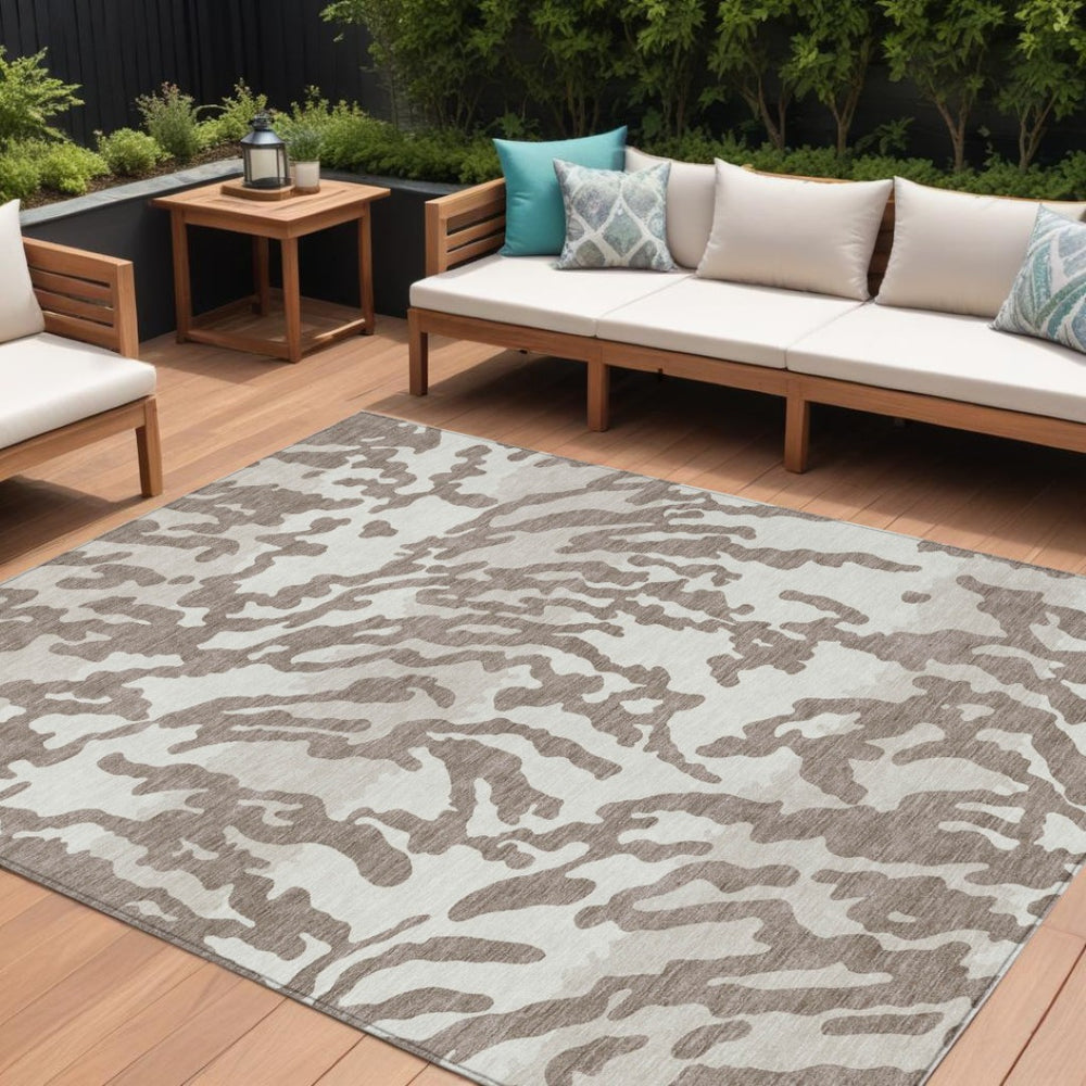 HomeRoots 5' Stylish Taupe Brown and Ivory Animal Print Area Rug – Washable, Durable for Indoor & Outdoor Use 10' X 14' 591326