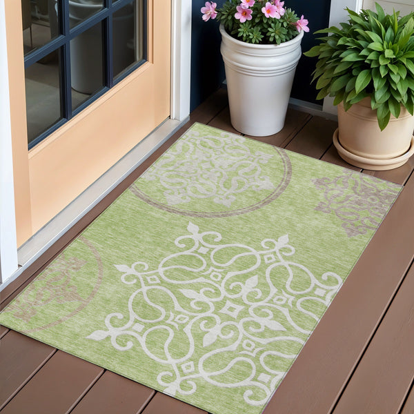 Homeroots 3' Artichoke Green Brown Ivory Floral Medallion Washable Area Rug For Indoor And Outdoor Spaces 3' X 5' Polyester 591327