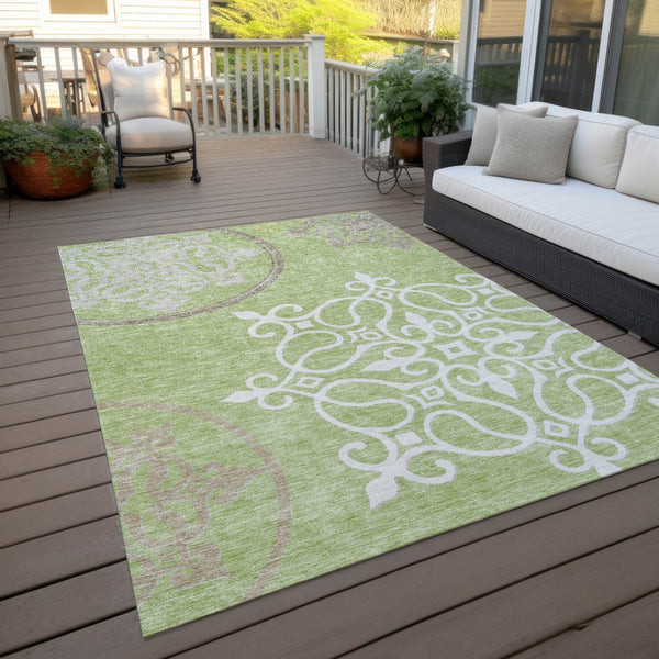 Homeroots 3' Artichoke Green Brown Ivory Floral Medallion Washable Area Rug For Indoor And Outdoor Spaces 3' X 5' Polyester 591327