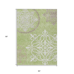 Homeroots 3' Artichoke Green Brown Ivory Floral Medallion Washable Area Rug For Indoor And Outdoor Spaces 5' X 8' Polyester 591328