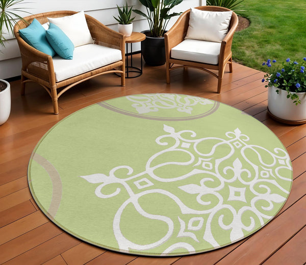 Homeroots 3' Artichoke Green Brown Ivory Floral Medallion Washable Area Rug For Indoor And Outdoor Spaces 8' Round Polyester 591329