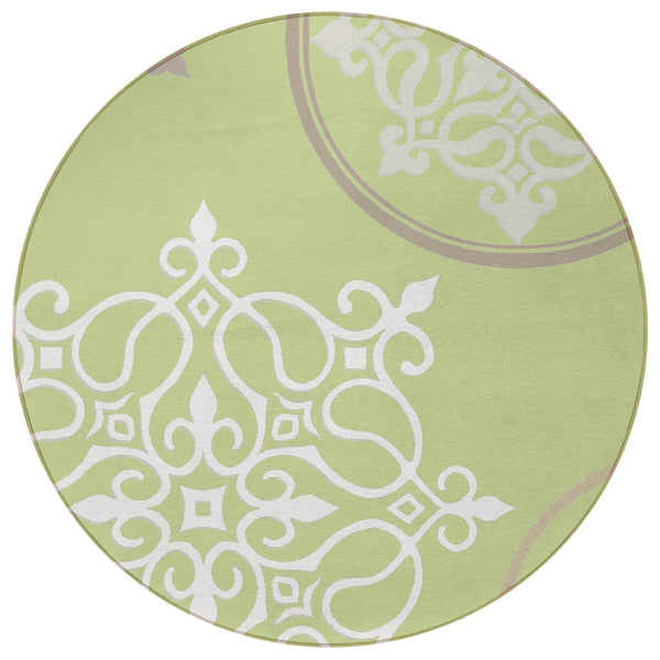 Homeroots 3' Artichoke Green Brown Ivory Floral Medallion Washable Area Rug For Indoor And Outdoor Spaces 8' Round Polyester 591329