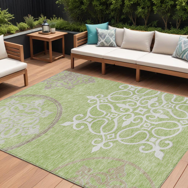Homeroots 3' Artichoke Green Brown Ivory Floral Medallion Washable Area Rug For Indoor And Outdoor Spaces 8' X 10' Polyester 591330