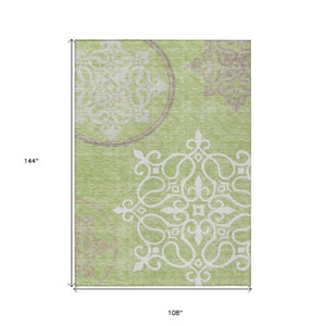 Homeroots 3' Artichoke Green Brown Ivory Floral Medallion Washable Area Rug For Indoor And Outdoor Spaces 9' X 12' Polyester 591331